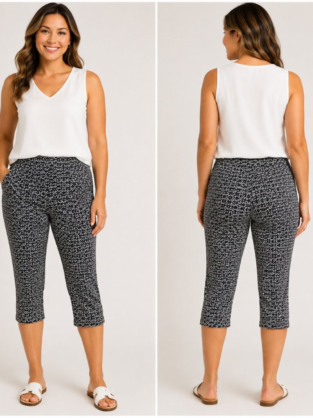 SC Montréal Black White Geometric Print Pull-On Capri Pants Size 16